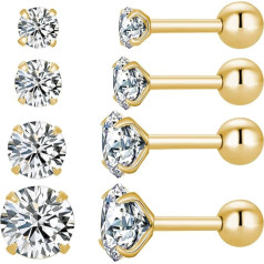 4 Pairs Star Heart Square Stud Earrings Screw Back 18K Gold Plated Surgical Stainless Steel Cubic Zirconia Stud Earrings 3-6mm