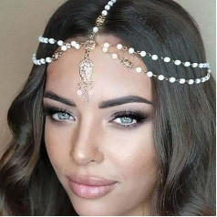 Fashband Boho Layered Head Chain Gold Beads Headpiece Vintage Crystal Festival Hair Accessories Bridal Wedding Hair Chain Jewellery for Women and Girls