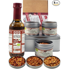 direct&friendly Gift set for sharpeaters, organic, chili olive oil, extra hot, chilli flakes in 3 different degrees of sharpness