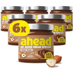 ahead Crazy Hazel 6 x 200 g Hazelnut Cream without Added Sugar, Super Delicious Chocolate Spread with 80% Less Sugar, No Palm Oil, Gluten Free & Vegetarian, Low Sugar Bread Spread Chocolate Cream