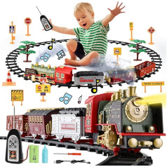 Electric Train Set for Children, Christmas Train Electric, Remote Control Steam Train Toy with Smoke, Light, Sound and Rechargeable, Electric Train Toy for Children from 3 Years