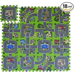 Exultimate Foam Play Mat, Interlocking Floor Puzzle, Street Playroom, Interactive Playset with Hot Wheels Cars and Easyview Storage Case, 18 Piece Set, Zoo