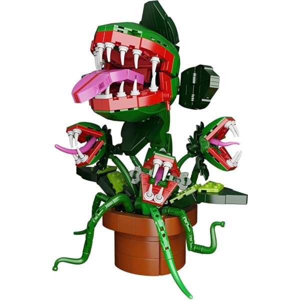 Piranha Plant Building Blocks Kit, 605 Pieces Small Horror Shop Clamp Blocks, Cannibal Flower Toy with Hinged Mouth, Gift for TV Fans Friends