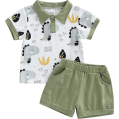 Children's Toddler Baby Boys Summer Cute Dinosaur Clothing Set 2 Pieces Short Sleeve Lapel Collar Polo Shirt Blouse Plain Short Trousers Set