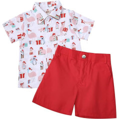 Kids Boys Christmas Clothes Cartoon Print Short Sleeve T Shirt Red Shorts Gentleman Suit Xmas 2pcs Outfits Set Baby Fall Christmas Outfits Toddler Cute Xmas Clothes Set A-94
