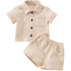 Kleinkind Baby Jungen Baumwoll-Leinen-Outfit Sommerkleidung Kurzarm Knopfleiste Kleid Hemd Tops Tasche Shorts Set 2-teilig, Aprikose 01, 2-3 Years