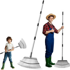 25-Prong Garden Rake for Leaves, Lawn & Grass, Adjustable Long Handle Leaf Rake Wide Metal Rake Head, Ergonomic Design, Efficient Cleaning Leaf Collector for Garden, Lawn, Moss