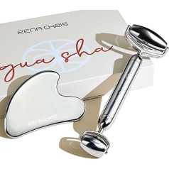 Rena Chris Gua Sha and Stainless Steel Face Roller, Manual Face Massager and GuaSha Tool, Jawline Shaping and Reducing Swelling, Skin Care Gift (Silver)