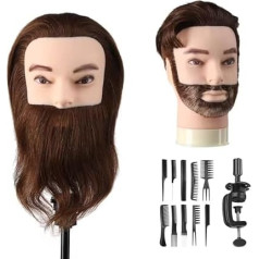 Man's Hairdressing Head 100% Real Hair with Beard Male Practice Head Real Hair Hairdresser Head Doll Head Mannequin Head with Table Clamp + Comb Set (19 Inches)