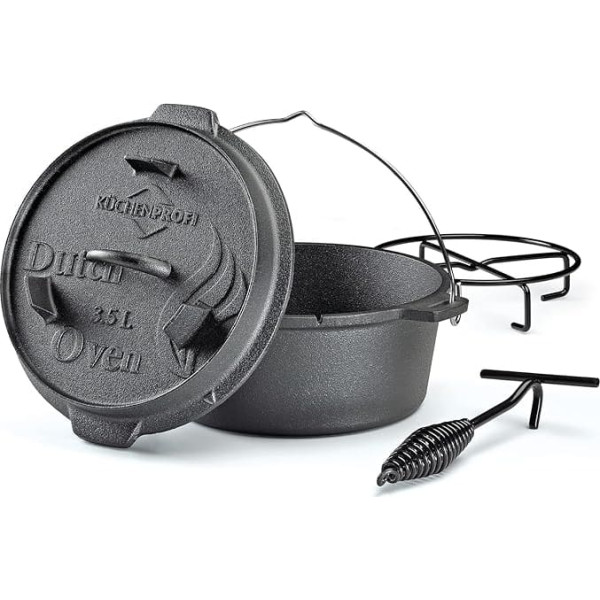 Küchenprofi BBQ Dutch Oven Cast Iron, 3.5 L, Diameter 24 cm, without Feet, Ready-seasoned Cast Iron Pot with Lid Lifter, for Grill, Fire Pits, All Types of Cookers (including Induction) and Oven