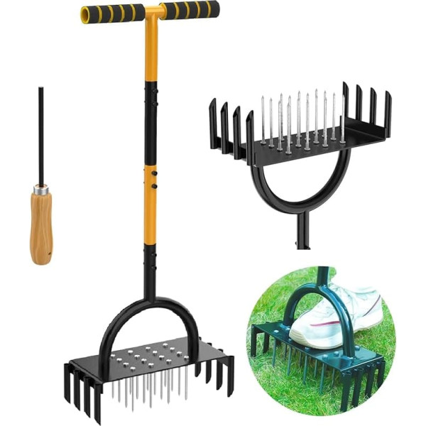 TWZ Manual Lawn Aerator, 2 in 1 Aerator with 16 Spikes and 8 Cores, 98 cm, Lightweight Grass Aerator Tool for Yards, Lawn Aeration, Garden Tool, Revive Lawn Health, L28*W