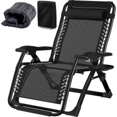 83 cm Extra Wide Folding Sun Lounger, Deck Chair with Cushion, Drink Holder and Head Cushion, Garden Lounger with Adjustable Backrest, Deck Chairs for Outdoor Use, Black
