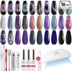 Cat Eye Gel Nail Polish 9D, 16 Pieces Chameleon Nail Polish Black Purple Glitter Splitter Changing Magic Galaxy Effect Set with Base Top Coat, LED Nail Lamp, Cuticle Oil and Manicure Tool