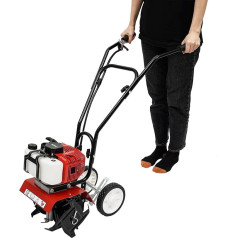 MBUYI Petrol Garden Tiller, 52CC 2-Stroke Lawn Soil Cultivator, Ground Hoe Motor Hoe for Loosening Soil, Lightweight Compact, 3-10 cm Tillage Depth