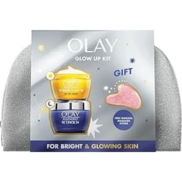 Olay Gift Set with Vitamin C+AHA24 Cream & Retinol24 Night Cream for Light & Smooth Skin, Includes Bag & Gua Sha Face Stone