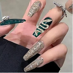 Long False Nails Gold Snake Press On Nails Rhinestone Stick On Nails Artificial Reusable Fake Nails 24 Pieces for Women and Girls