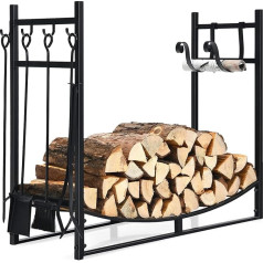 COSTWAY Firewood Rack with 4 Fireplace Companions & Kindling Holders, Firewood Rack for Indoor and Outdoor Use, Firewood Rack Metal, Firewood Stand, 90 x 33 x 76 cm
