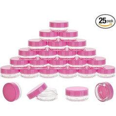 25 Pieces 3 Gram Sample Containers, Clear Lip Balm Containers with Lids, Small Plastic Sample Jars with 2 Mini Spoons, 25 Labels (Pink Lid)