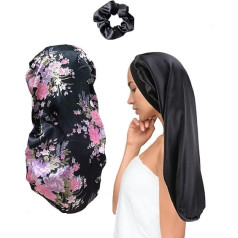 2 Pieces Hair Cap for Sleeping, Long Satin Cap, Wide Band, Night Sleep Cap, Large Braids, Soft Elastic Silk Bonnet for Women and Girls, Curly Hair, Long Hair (Black+Flower)