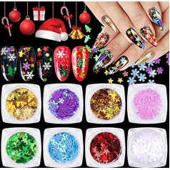 EBANKU 8 Boxes Christmas Nail Art Sequins Snowflakes Glitter, Holographic Laser Christmas Nail Flakes Sequin Christmas Tree Nail Decoration for DIY Christmas Nail Face Body Decor