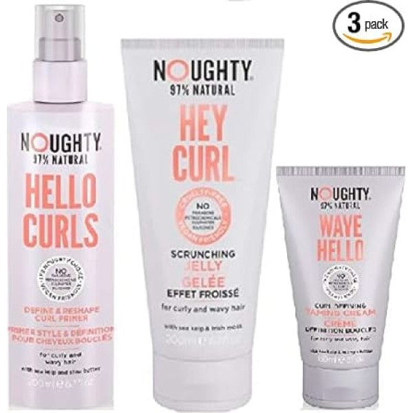 Noughty Hello Curls Primer, Hey Curl Curl Scrunching Jelly & Wave Hello Curl Taming Cream 3 Full Size Products, Wavy Hair, Curly Hair