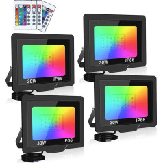 SKYWORLD RGB Spotlight 30 W RGB Spotlight with Remote Control 4 Pieces, LED RGB Spotlight 16 Colours 4 Modes Dimmable Floodlight Lamp, IP66 Waterproof RGB LED Spotlight for Outdoor Indoor Garden