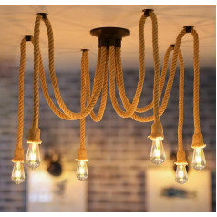 ANWIO Hemp Rope Ceiling Light Pendant Light Spider Chandelier Hemp Rope DIY Ceiling Light Retro Pendant Lamp E27 for Dining Room Bedroom Living Room Dining Room Hotel Decoration (6 Bulbs)