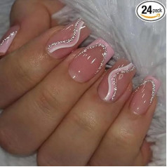 Pack of 24 Short Square False Nails French Tip Pink Edge Stick on Nails Silver Pink White Glitter Press on Nails Removable Adhesive Nails Full Cover Fake Nails Women Bridal Nail Art