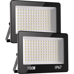 LED Outdoor Spotlight, 100 W, 2 Pieces, 10000 lm, Waterproof IP67, Super Bright LED Headlight 6500 K Cool White, Outdoor Spotlight AC 220-240 V for Garden, Patio, Garage