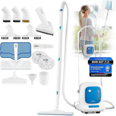ALANBERG® Steam Cleaner, Power: 1500 W, Heating Time: 15 sec, 6 Steam Intensities, Volume: 1.3L, 20-Piece Floor Cleaning Set, Portable or Rolling, White (Steam Cleaner)