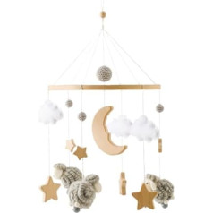 Herfair Mobile Baby Bed Bell with Stars, Moon, Sheep, Wood, Girls, Hanging Mobile Wind Chime for Cot, Cot (Grey)