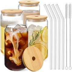 ExploreUncharted Pack of 4 Glass with Lid and Straw, 500 ml Cocktail Glasses, Bubble Tea Cups with Lid and Straw, Drinking Glasses for Iced Coffee, Cocktails, Lemonades, Whisky
