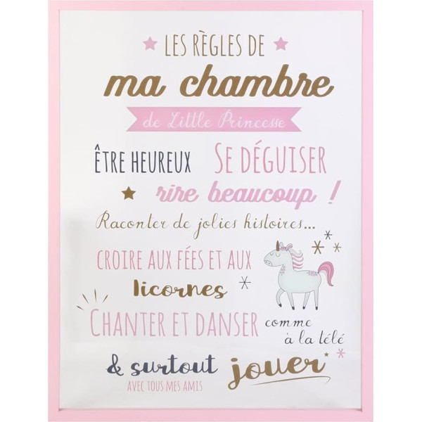 HOME DECO KIDS HD2352 Girls Room Rules Frame Nursery Decor Wooden Frame - MDF Clear Pink Gold Dark Grey Powder Pink 60 x 40 x 1.6 cm