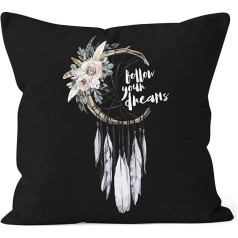 Cushion Cover Dream Catcher Follow Your Dreams Saying Flowers Feathers Saying Boho Cushion Cover Decorative Cushion Black One Size