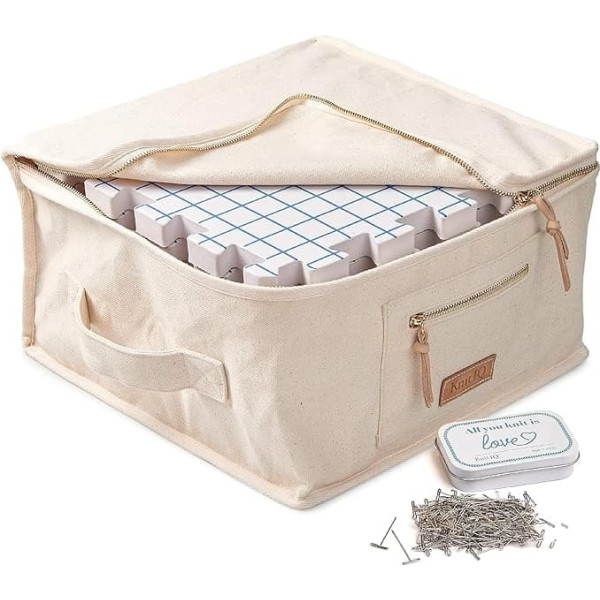 KnitIQ Clamping Mat Set - 9 Extra Thick Blocking Mats with Grid Lines, 150 Rustproof T-Pins in Decorative Box, Quality Bag for Knitting, Crochet, Crafts and Home Accessories - Natural Design