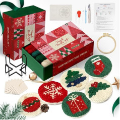yuegool 6 Pieces Christmas Punch Needle Coaster Set, Easy DIY Embroidery Kit for Beginners, Adults, Kids, Including Patterns, Tools, Threads, Hoops, Instructions, Coaster Holders,