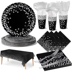 Party Tableware 141 Pieces Black and Silver Party Supplies Paper Plates Children's Birthday Girls Party Paper Tableware Set Including Cups Napkins - 20 Guests