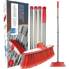 Soft Indoor Sweeping Brush, Multi-Section Stainless Steel Long Handle Brush for Home and Kitchen Floors (Red)