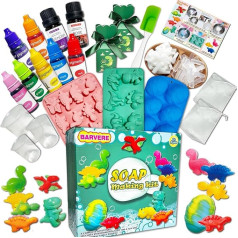 BARVERE Make Your Own Soap Children, 500 g Soap, 14 Shapes, 7 Pigments, 2 Essential Oils, 2 Gift Bags, DIY Tools, Soap Making Set Adults, Children's Birthday Gift (Dino)