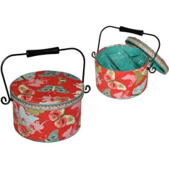 2-Piece Sewing Basket Large Round with Metal Handle Butterflies Red Fabric Sewing Box Sewing Box Colourful Handmade Basket