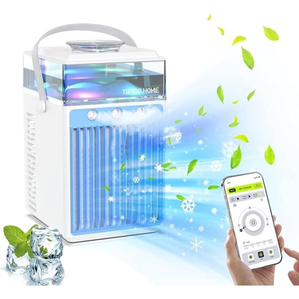 Mobile Air Conditioners, Mini Air Cooler for Room, 4 in 1 Air Conditioning Fan and Humidifier, USB Air Cooler with 7 LED Lights, 2 Modes and 3 Speeds for Home, Office, Travel