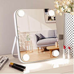Hollywood Make-Up Mirror with Lighting, 10 x 12 Inch Hollywood Mirror with 4 Dimmable LED Lights, Table Mirror, Cosmetic Mirror, Make Up Mirror, Touch Control, 360° Rotatable USB-C Output Illuminated