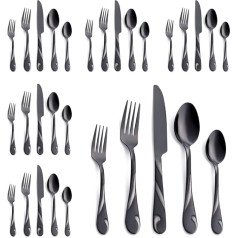 Seeshine Black Cutlery Set for 6 People, 30 Piece Stainless Steel Cutlery Set, Black Shiny Metal Cutlery, Includes Fork, Knife and Spoon, Dishwasher Safe