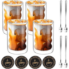 Set of 4 Double-Walled Glasses with 4 Spoons and 4 Coasters, 350 ml Thermal Glasses Double-Walled Made of Borosilicate Glass for Latte, Tea, Ice Cream, Iced Tea, Iced Americano (4 Pieces)