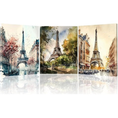 Piy Painting Eiffel Tower Picture on Canvas 30 x 40 cm, Landscape Pictures, View of Paris Canvas Pictures Reproduction of Oil Painting, Modern Wall Decoration Framed for Yoga Room, Corridor, Set of 3