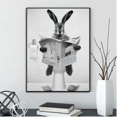 LXTOPN Animal In The Bathroom Pictures, Black and White Animal Newspapers Reading Picture, Funny Rabbit Wall Pictures Prints Canvas Poster, Minimalist Home Decor - Without Frame (50 x 70 cm)