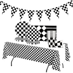 Racing Car Party Tableware Set, 52 Pieces Black and White Checked Table Decoration Paper Plates Cups, Napkins, Tablecloth and Black and White Checked Flag Set for Birthday Racing Car Theme Party
