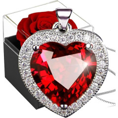 Eternal Rose with Chain 925 Silver, Infinity Rose Box with Heart Necklace, Preserved Flowers, Women Birthstone Pendant, Crystal Heart Necklace with Birthstone Gift Box for Christmas Mum, Metal