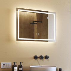 Bathroom Mirror with Lighting, 70 x 50 cm, Bathroom Mirror with Touch Switch, Light Mirror, Light Colour 2700 K - 6000 K, Anti-Fog Illuminated Mirror, Bathroom Wall Mirror with Light