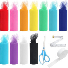 HANDI STITCH 11 Colours Long Tulle Fabric with Scissors, Tape Measure and Elastic Band - 15 cm x 23 m per Roll - Rainbow Polyester Tulle Roll Net Set for Tutu Skirts, Gift Wrapping Decorative Fabric